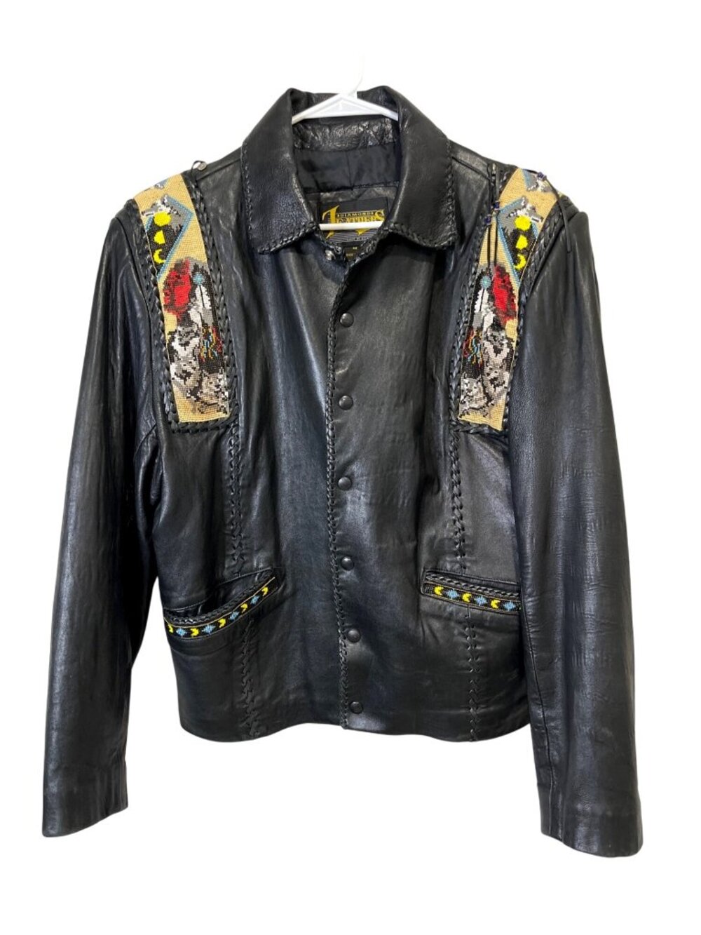Diamond Leathers Size 44 Black Leather Jacket Native American Wolf Beaded Fringe - Picture 3 of 12